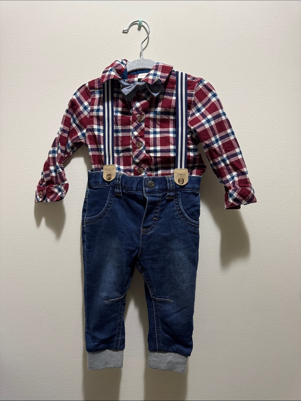 Cat & Jack Red Plaid Button-Down Shirt with Blue Jeans and Suspenders